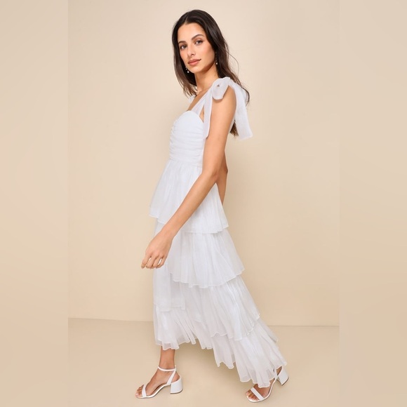 NWOT Lulus Radiant Arrival Shiny White Organza‎ Tiered Tie-Strap Maxi Dress - Picture 3 of 9